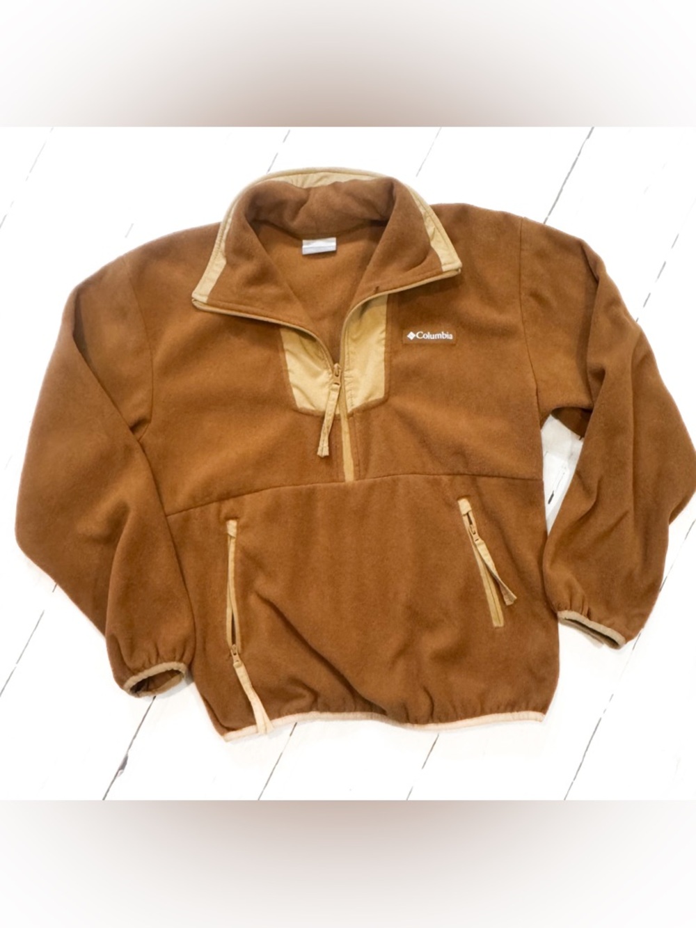 Columbia Brown Fleece Pullover Jacket with Tan Trim